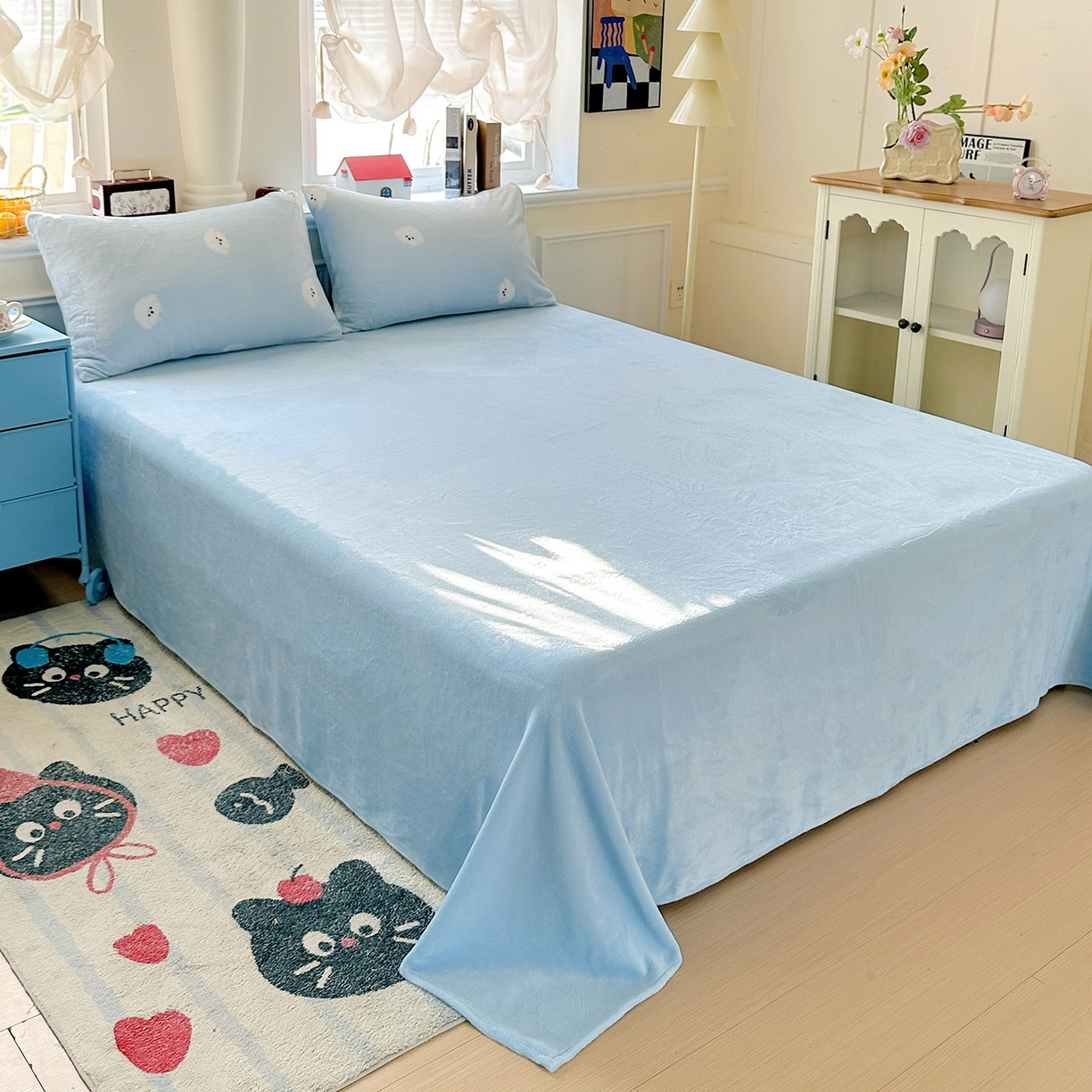 91家纺网 家纺一手货源 找家纺 水木坊 2025新款A加厚牛奶绒印花四件套-含买家秀 绒绒小狗-蓝