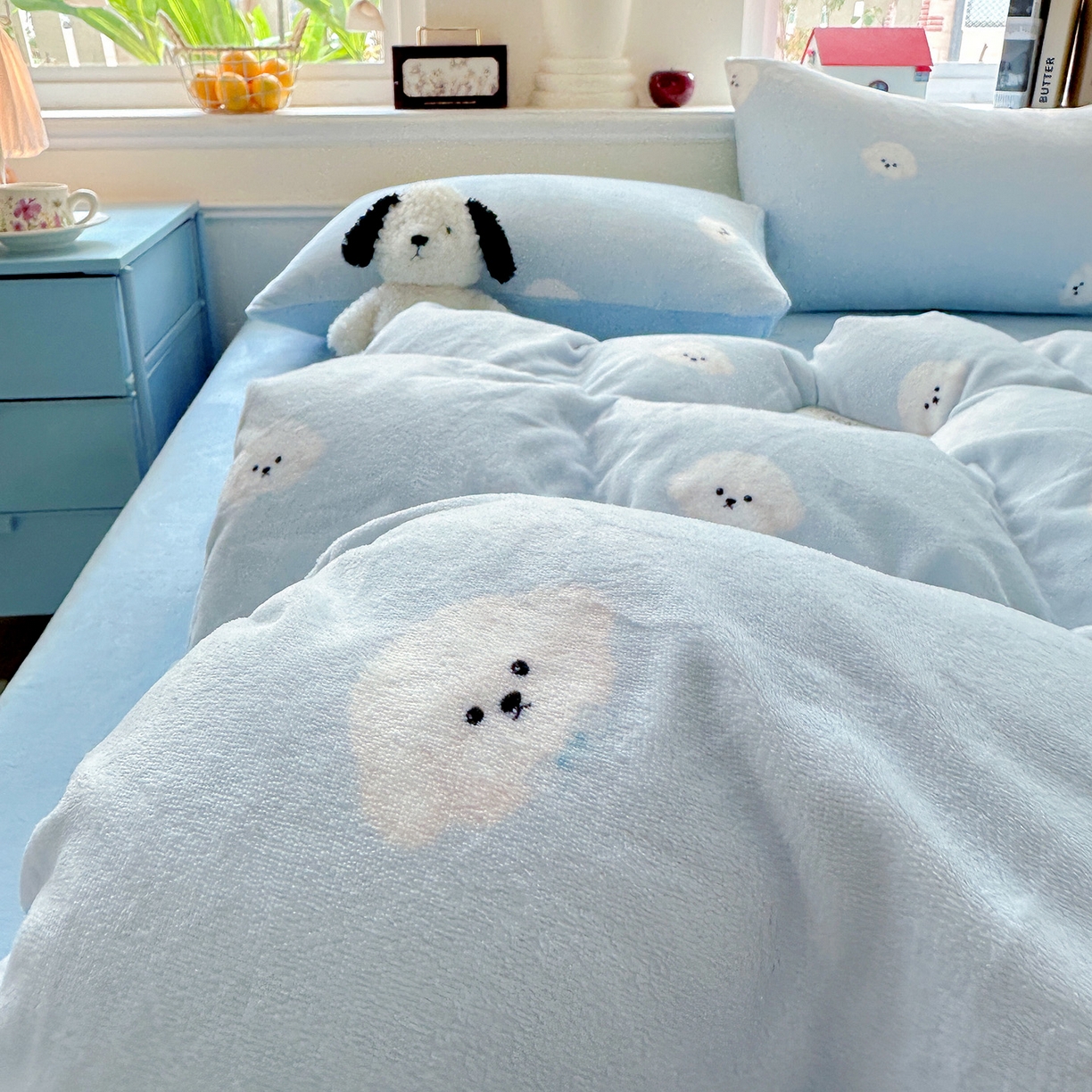 91家纺网 家纺一手货源 找家纺 水木坊 2025新款A加厚牛奶绒印花四件套-含买家秀 绒绒小狗-蓝