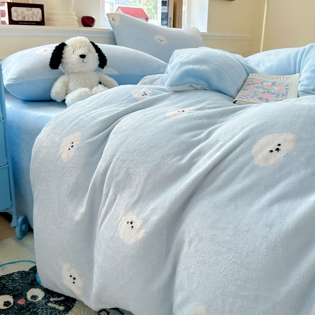 91家纺网 家纺一手货源 找家纺 水木坊 2025新款A加厚牛奶绒印花四件套-含买家秀 绒绒小狗-蓝