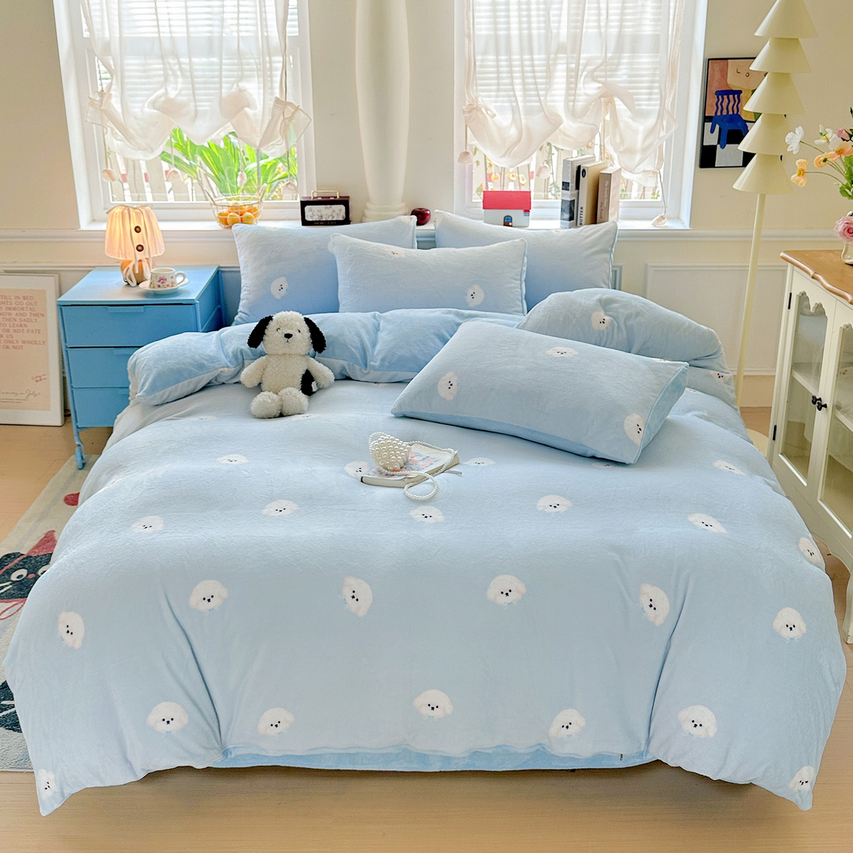 91家纺网 家纺一手货源 找家纺 水木坊 2025新款A加厚牛奶绒印花四件套-含买家秀 绒绒小狗-蓝