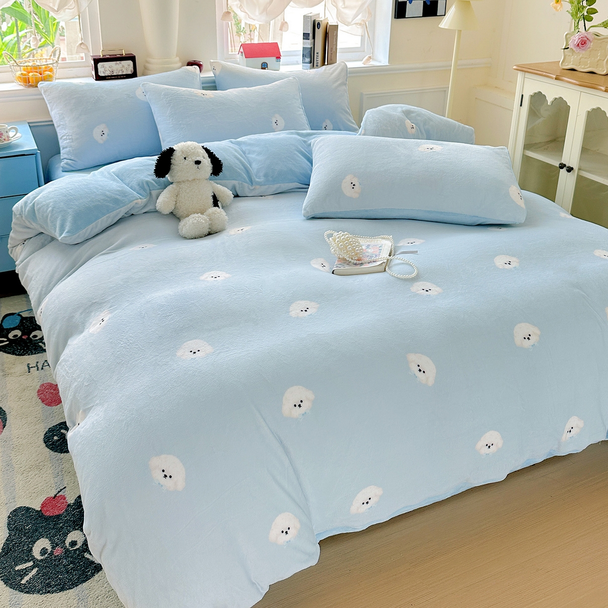 91家纺网 家纺一手货源 找家纺 水木坊 2025新款A加厚牛奶绒印花四件套-含买家秀 绒绒小狗-蓝