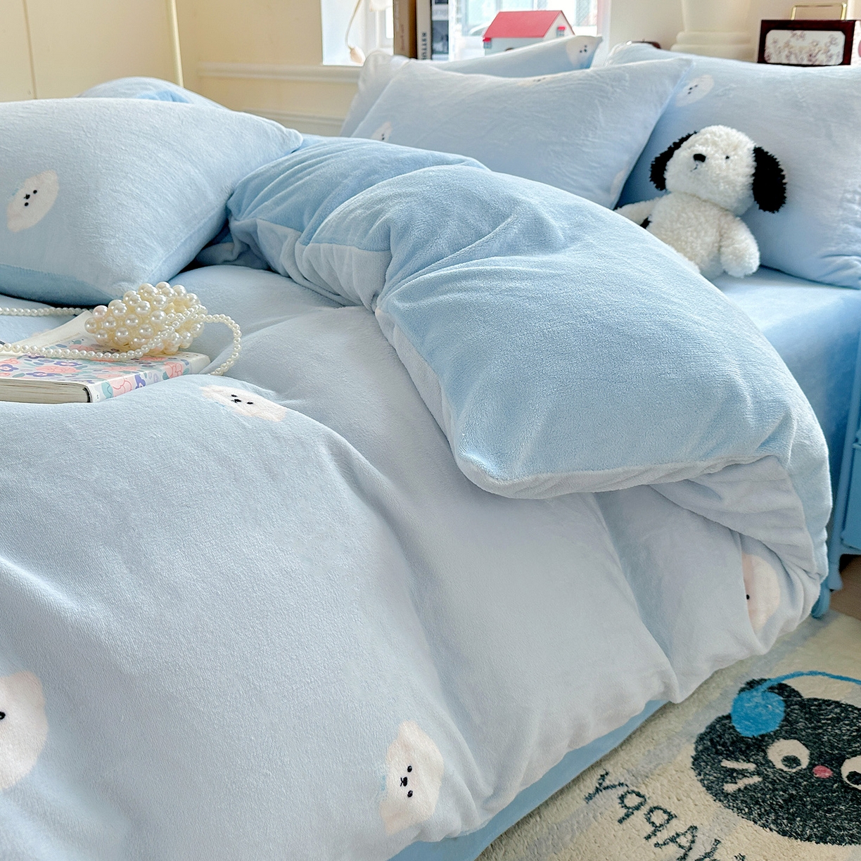 91家纺网 家纺一手货源 找家纺 水木坊 2025新款A加厚牛奶绒印花四件套-含买家秀 绒绒小狗-蓝