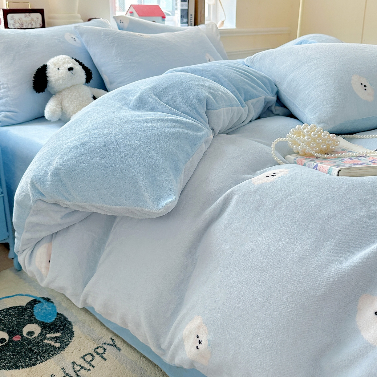 91家纺网 家纺一手货源 找家纺 水木坊 2025新款A加厚牛奶绒印花四件套-含买家秀 绒绒小狗-蓝