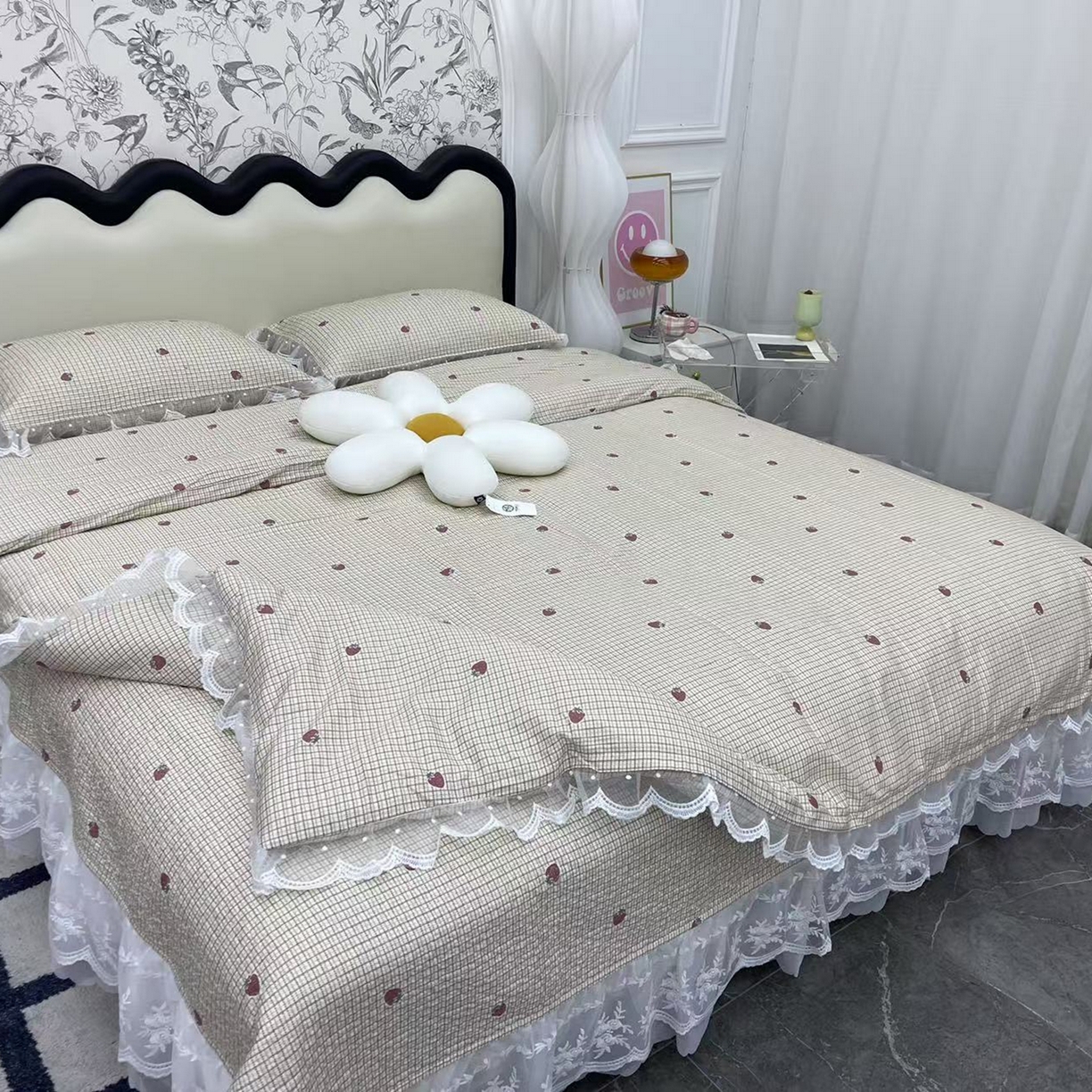 禧瑞谷 2025新款双层花边纯棉床盖雪纺蕾丝款纯棉床盖四件套 莓格甜梦