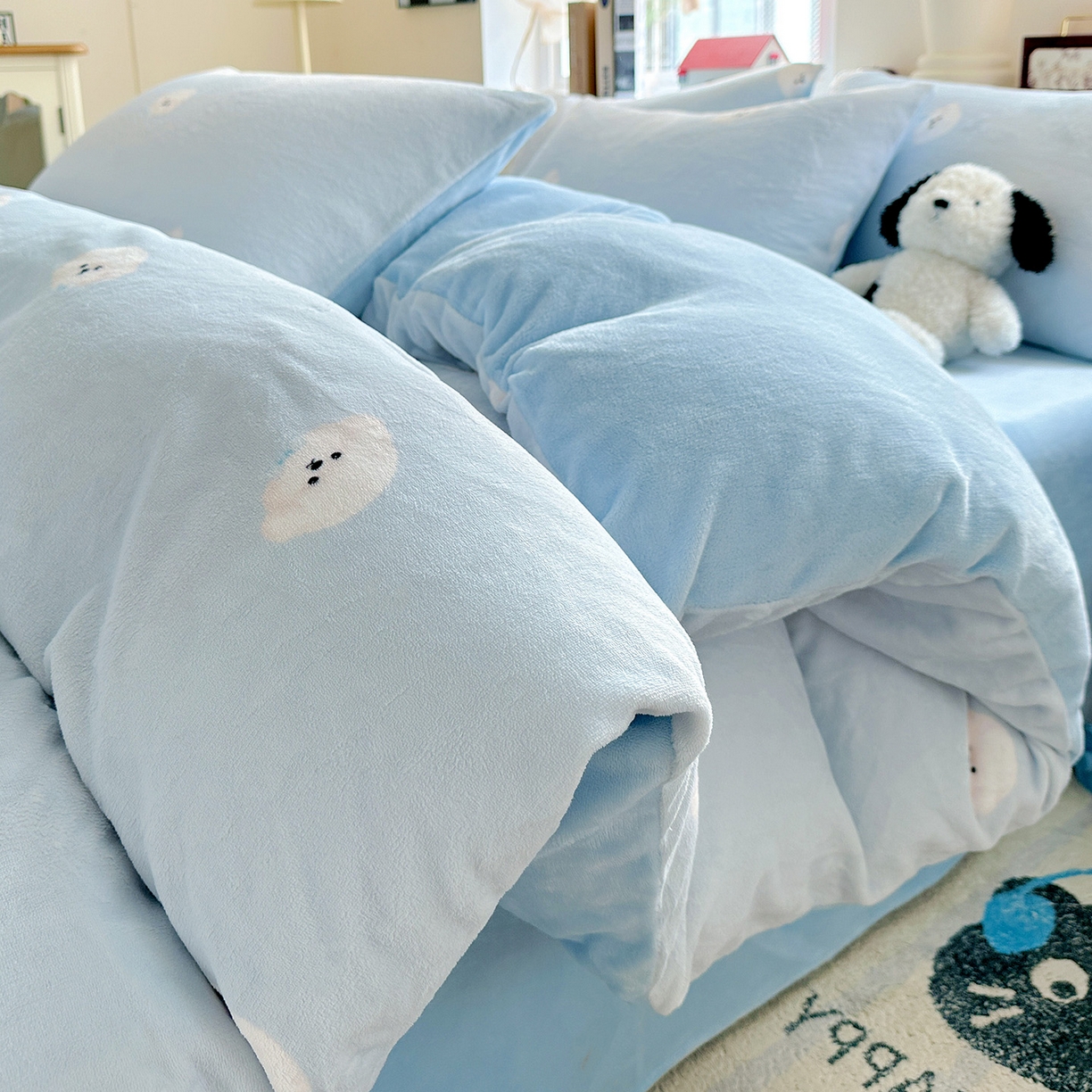 91家纺网 家纺一手货源 找家纺 水木坊 2025新款A加厚牛奶绒印花四件套-含买家秀 绒绒小狗-蓝