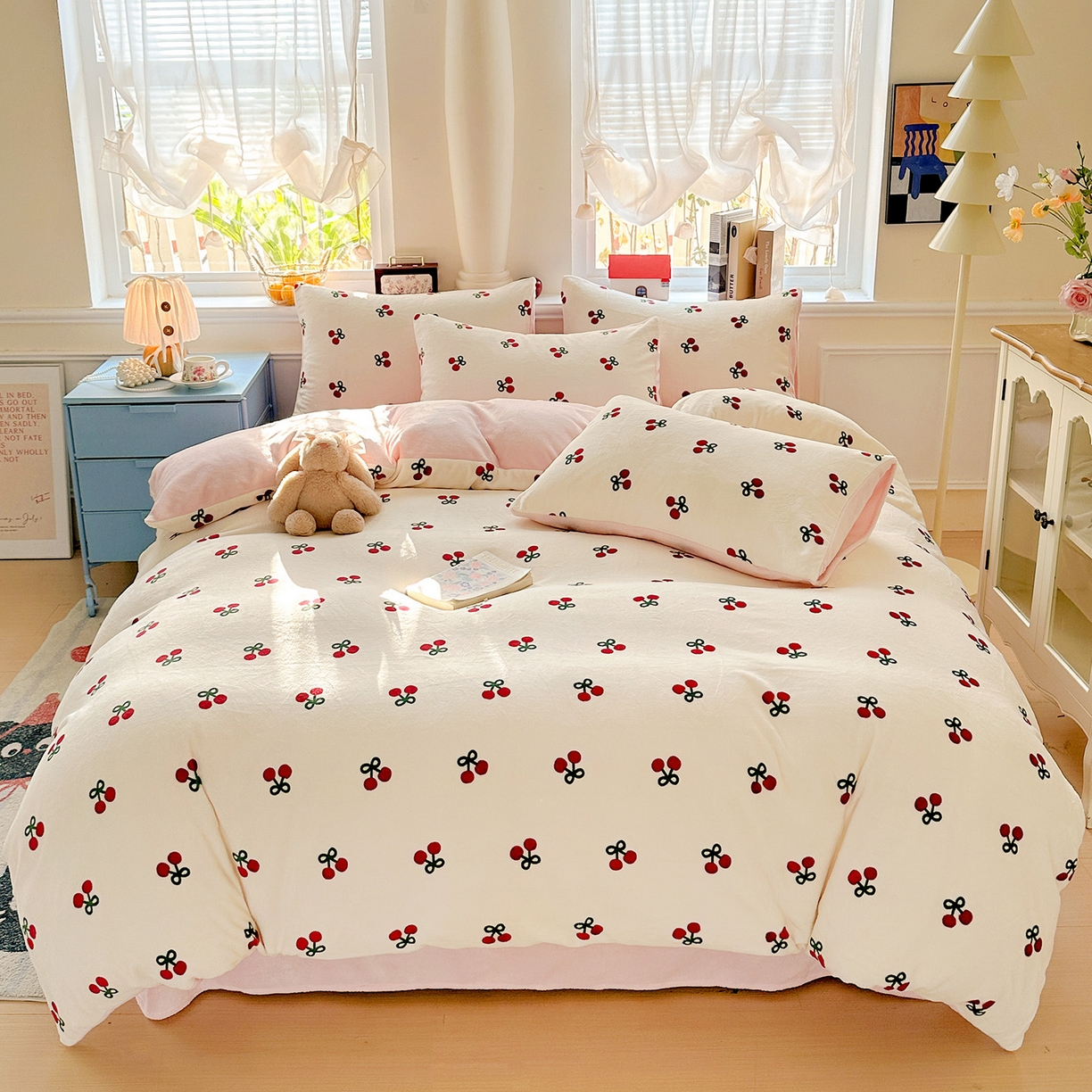 91家纺网 家纺一手货源 找家纺 水木坊 2025新款A加厚牛奶绒印花四件套-含买家秀 一口樱桃