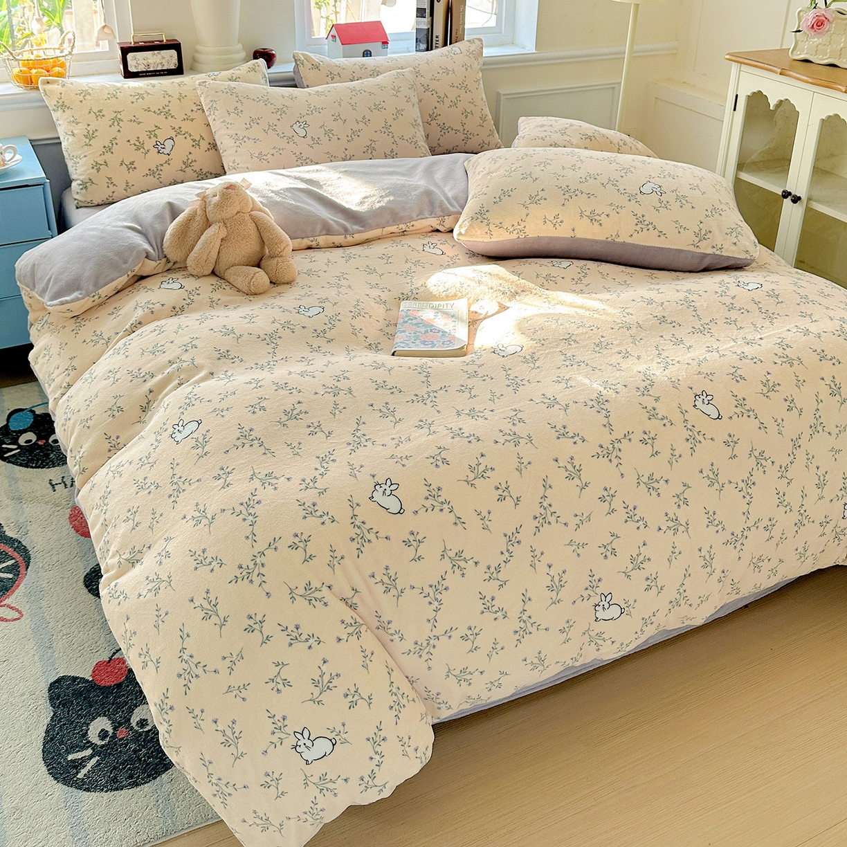 91家纺网 家纺一手货源 找家纺 水木坊 2025新款A加厚牛奶绒印花四件套-含买家秀 枝枝兔