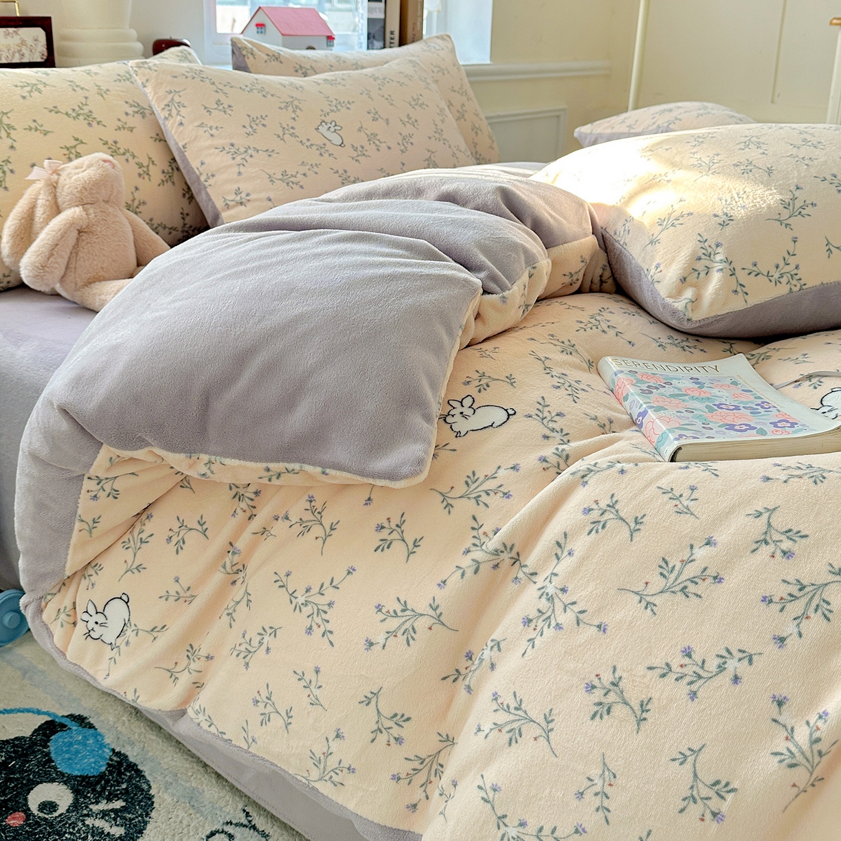 91家纺网 家纺一手货源 找家纺 水木坊 2025新款A加厚牛奶绒印花四件套-含买家秀 枝枝兔