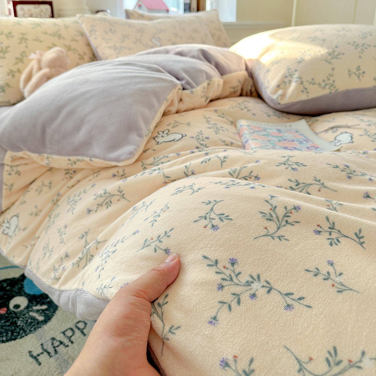 91家纺网 家纺一手货源 找家纺 水木坊 2025新款A加厚牛奶绒印花四件套-含买家秀 枝枝兔