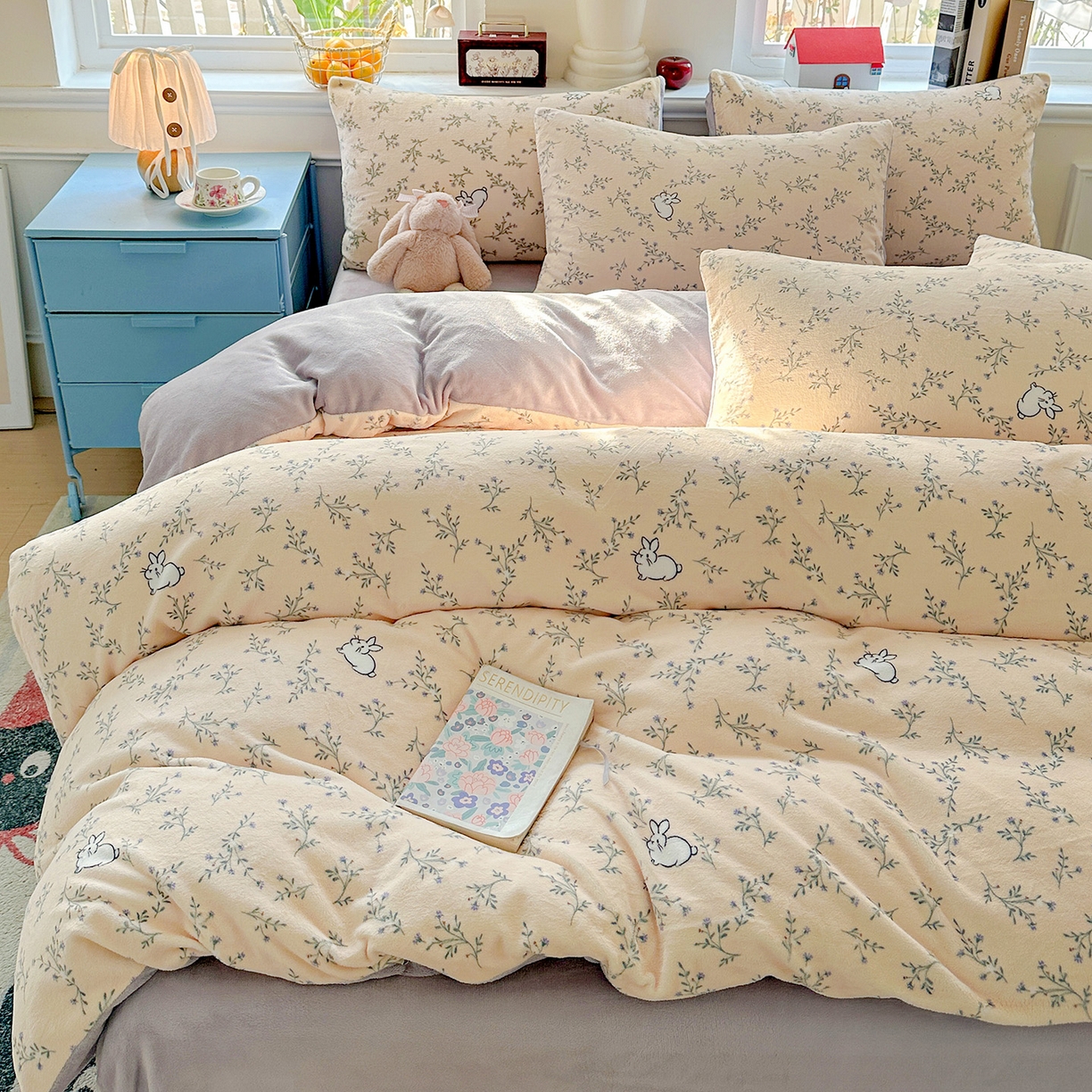 91家纺网 家纺一手货源 找家纺 水木坊 2025新款A加厚牛奶绒印花四件套-含买家秀 枝枝兔