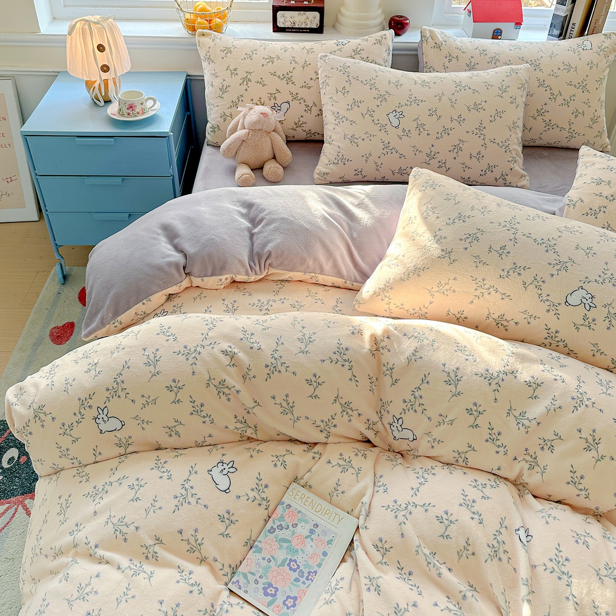 91家纺网 家纺一手货源 找家纺 水木坊 2025新款A加厚牛奶绒印花四件套-含买家秀 枝枝兔