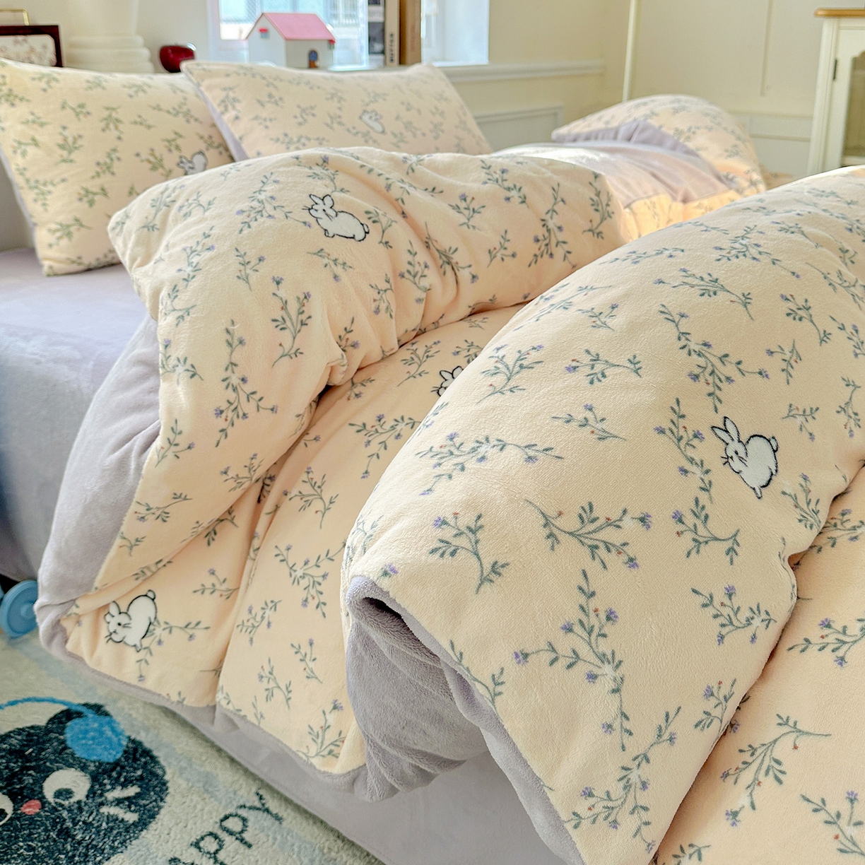 91家纺网 家纺一手货源 找家纺 水木坊 2025新款A加厚牛奶绒印花四件套-含买家秀 枝枝兔