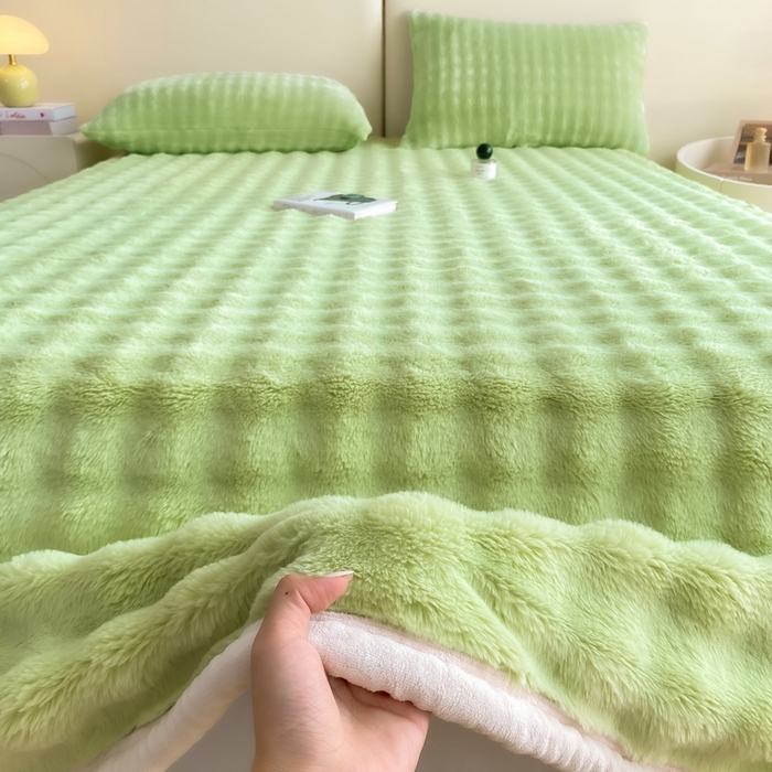 91家纺网 家纺一手货源 找家纺 品乐家纺 2025新款秋冬A类高克重300g泡泡兔绒保暖床单单品床单单件床单 泡泡 淡雅绿