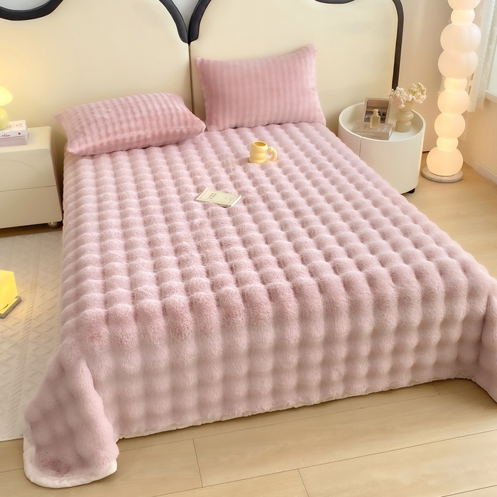 91家纺网 家纺一手货源 找家纺 品乐家纺 2025新款秋冬A类高克重300g泡泡兔绒保暖床单单品床单单件床单 泡泡 粉豆沙