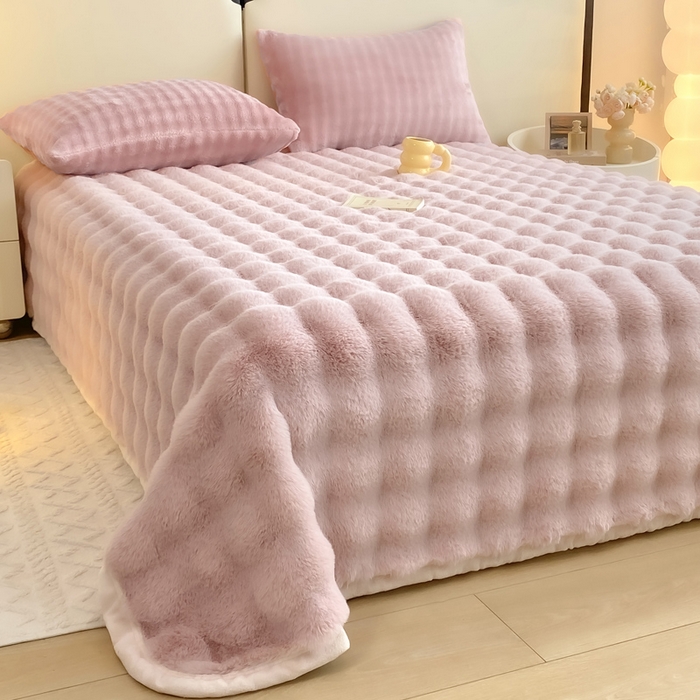 91家纺网 家纺一手货源 找家纺 品乐家纺 2025新款秋冬A类高克重300g泡泡兔绒保暖床单单品床单单件床单 泡泡 粉豆沙