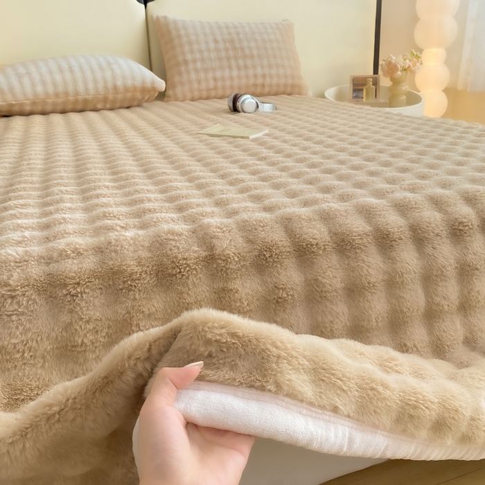 91家纺网 家纺一手货源 找家纺 品乐家纺 2025新款秋冬A类高克重300g泡泡兔绒保暖床单单品床单单件床单 泡泡 卡其驼