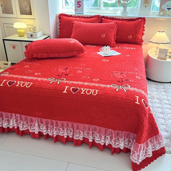 91家纺网 家纺一手货源 找家纺 铠畅 2025新款加厚牛奶绒床盖四件套 心心相恋