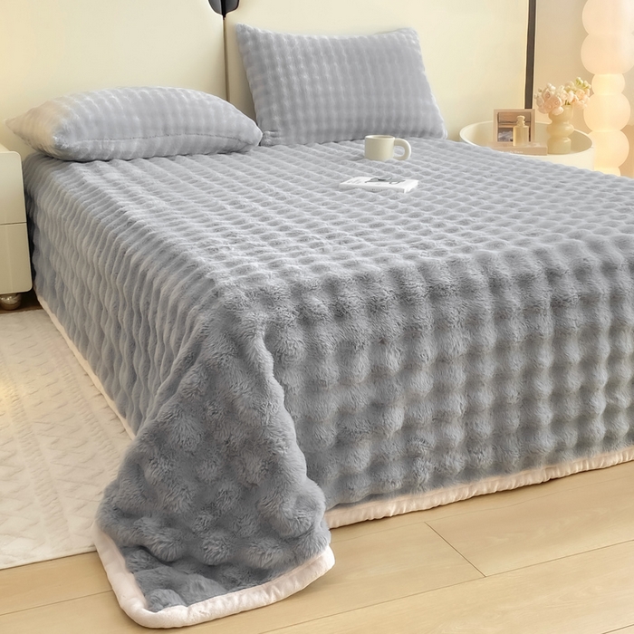 91家纺网 家纺一手货源 找家纺 品乐家纺 2025新款秋冬A类高克重300g泡泡兔绒保暖床单单品床单单件床单 泡泡 星空灰