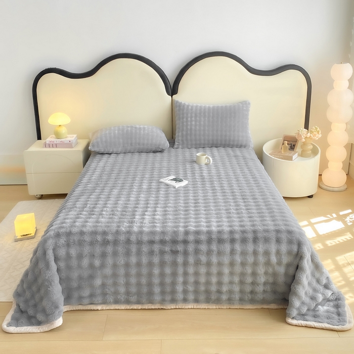 91家纺网 家纺一手货源 找家纺 品乐家纺 2025新款秋冬A类高克重300g泡泡兔绒保暖床单单品床单单件床单 泡泡 星空灰