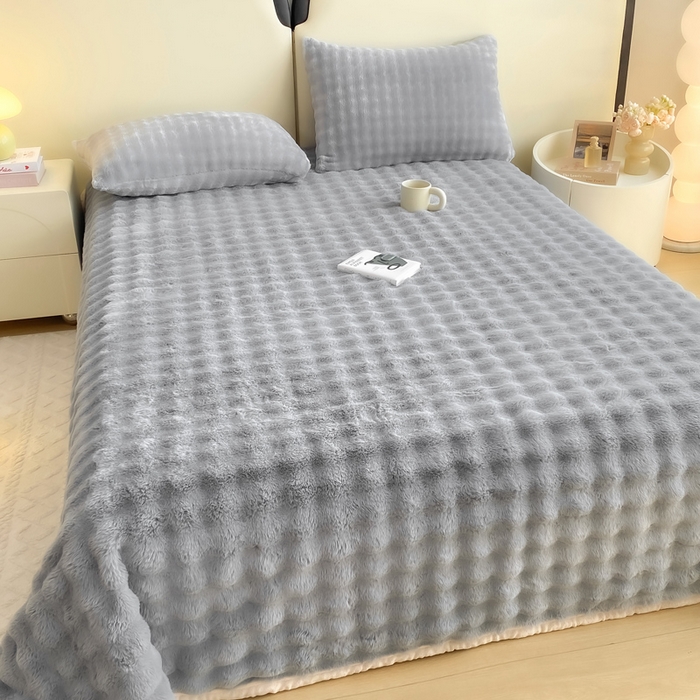 91家纺网 家纺一手货源 找家纺 品乐家纺 2025新款秋冬A类高克重300g泡泡兔绒保暖床单单品床单单件床单 泡泡 星空灰