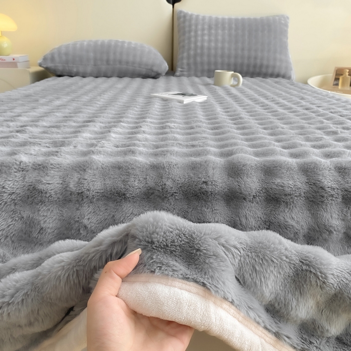 91家纺网 家纺一手货源 找家纺 品乐家纺 2025新款秋冬A类高克重300g泡泡兔绒保暖床单单品床单单件床单 泡泡 星空灰