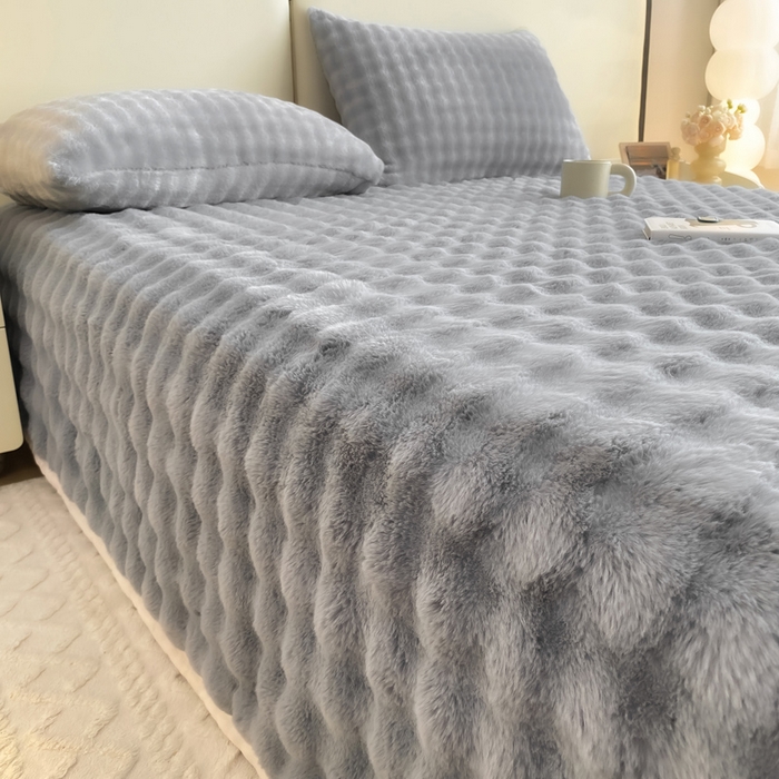 91家纺网 家纺一手货源 找家纺 品乐家纺 2025新款秋冬A类高克重300g泡泡兔绒保暖床单单品床单单件床单 泡泡 星空灰