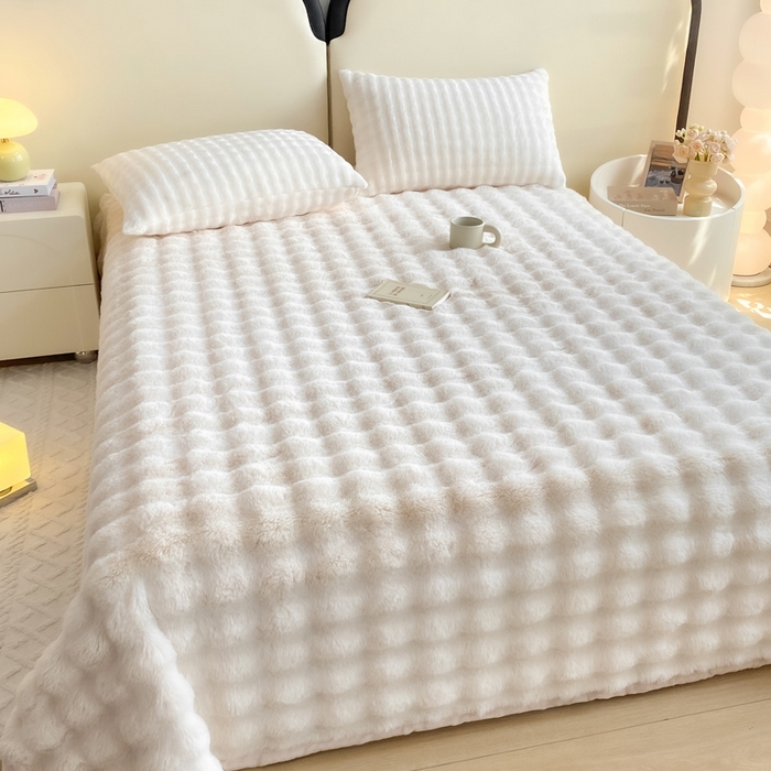 91家纺网 家纺一手货源 找家纺 品乐家纺 2025新款秋冬A类高克重300g泡泡兔绒保暖床单单品床单单件床单 泡泡 优雅白