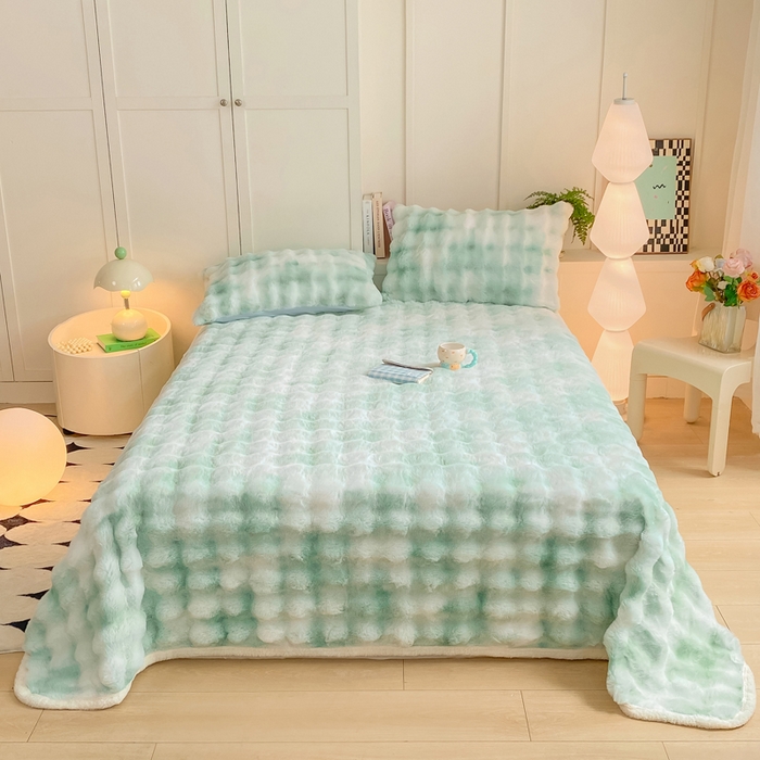 91家纺网 家纺一手货源 找家纺 品乐家纺 2025新款秋冬A类高克重300g泡泡兔绒保暖床单单品床单单件床单 炫彩 青草绿