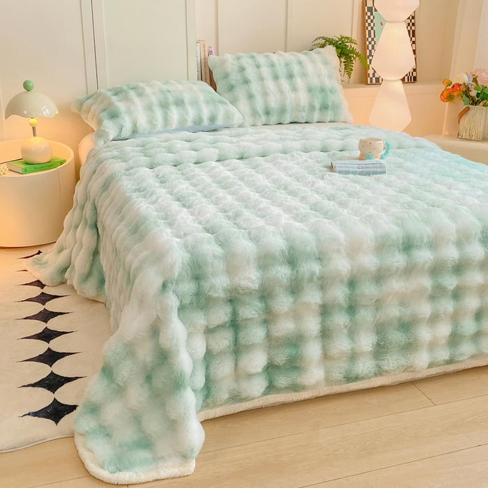 91家纺网 家纺一手货源 找家纺 品乐家纺 2025新款秋冬A类高克重300g泡泡兔绒保暖床单单品床单单件床单 炫彩 青草绿