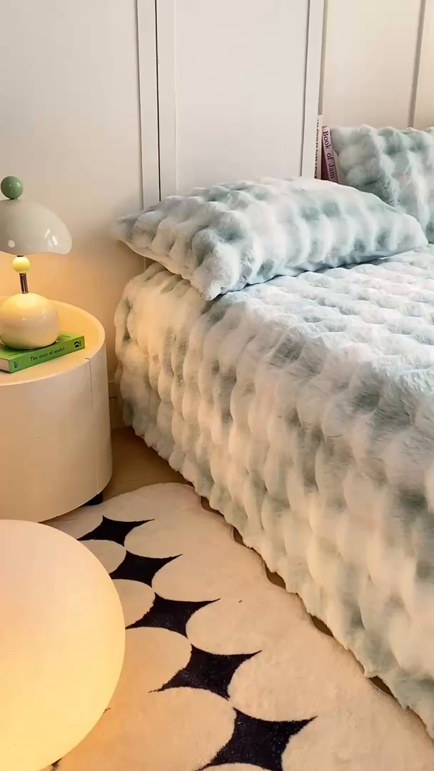 91家纺网 家纺一手货源 找家纺 品乐家纺 2025新款秋冬A类高克重300g泡泡兔绒保暖床单单品床单单件床单 炫彩 青草绿