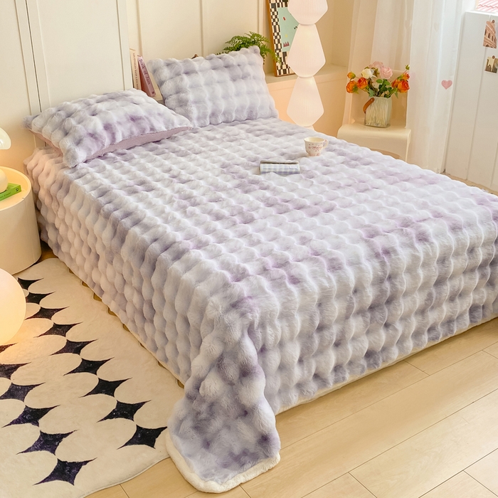 91家纺网 家纺一手货源 找家纺 品乐家纺 2025新款秋冬A类高克重300g泡泡兔绒保暖床单单品床单单件床单 炫彩 雾灰紫