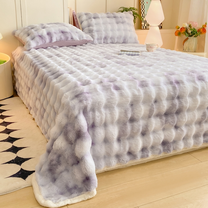 91家纺网 家纺一手货源 找家纺 品乐家纺 2025新款秋冬A类高克重300g泡泡兔绒保暖床单单品床单单件床单 炫彩 雾灰紫