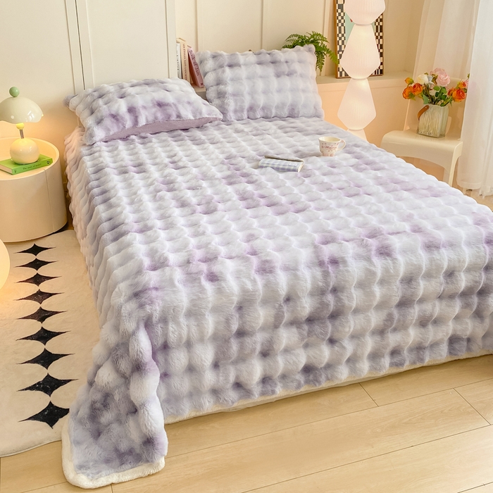 91家纺网 家纺一手货源 找家纺 品乐家纺 2025新款秋冬A类高克重300g泡泡兔绒保暖床单单品床单单件床单 炫彩 雾灰紫