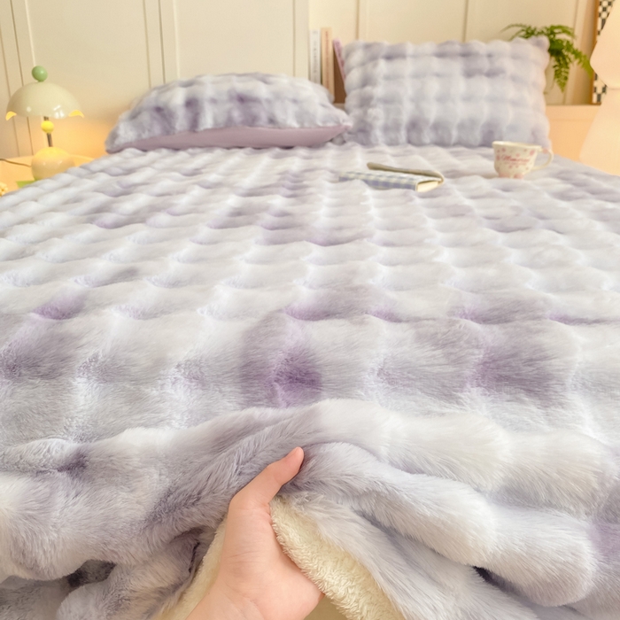 91家纺网 家纺一手货源 找家纺 品乐家纺 2025新款秋冬A类高克重300g泡泡兔绒保暖床单单品床单单件床单 炫彩 雾灰紫