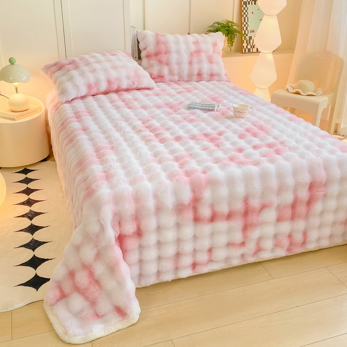 91家纺网 家纺一手货源 找家纺 品乐家纺 2025新款秋冬A类高克重300g泡泡兔绒保暖床单单品床单单件床单 炫彩 胭脂粉