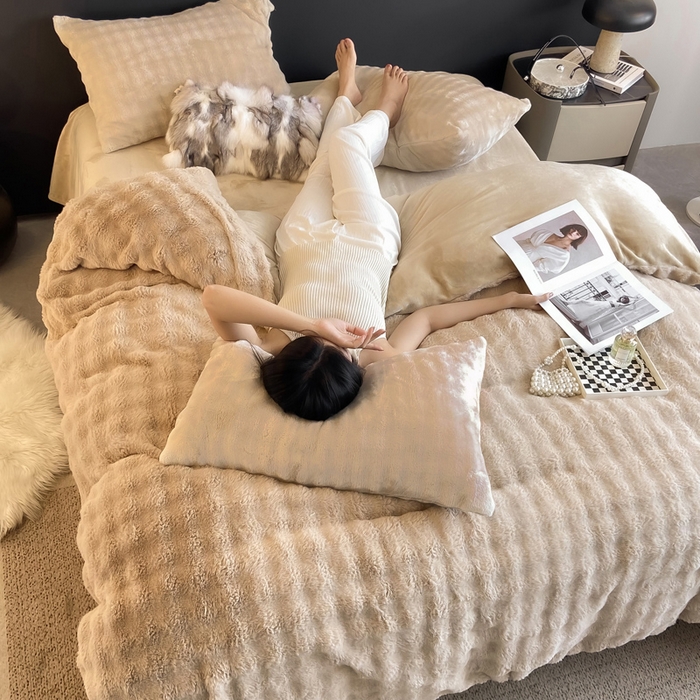 91家纺网 家纺一手货源 找家纺 品乐家纺 2025新款秋冬A类高克重300g泡泡兔绒保暖被套单品被套单件被套 泡泡  卡其驼