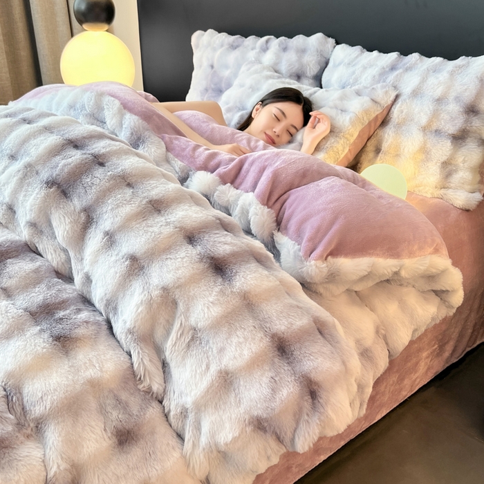 91家纺网 家纺一手货源 找家纺 品乐家纺 2025新款秋冬A类高克重300g泡泡兔绒保暖被套单品被套单件被套 炫彩   雾灰紫