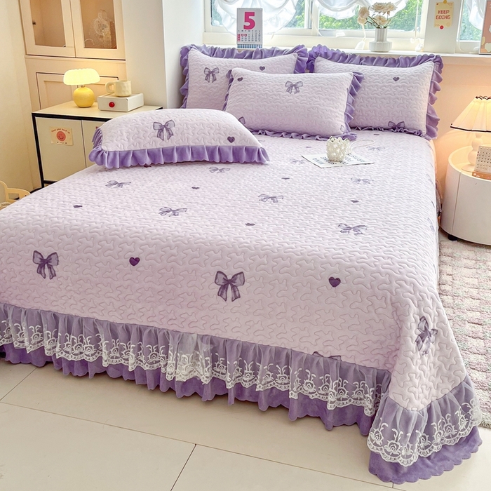 91家纺网 家纺一手货源 找家纺 铠畅 2025新款加厚牛奶绒床盖四件套 紫色蝴蝶结