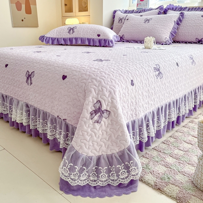 91家纺网 家纺一手货源 找家纺 铠畅 2025新款加厚牛奶绒床盖四件套 紫色蝴蝶结