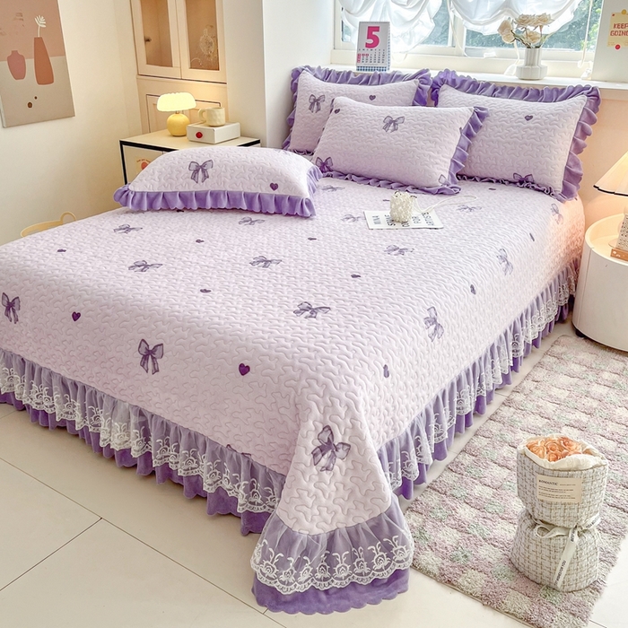 91家纺网 家纺一手货源 找家纺 铠畅 2025新款加厚牛奶绒床盖四件套 紫色蝴蝶结