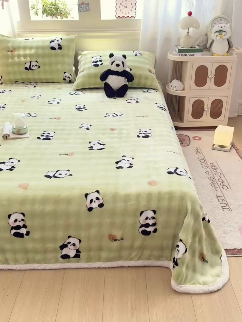 91家纺网 家纺一手货源 找家纺 品乐家纺 2025新款秋冬高克重牛奶绒保暖床单单品床单单件床单 熊猫宝贝