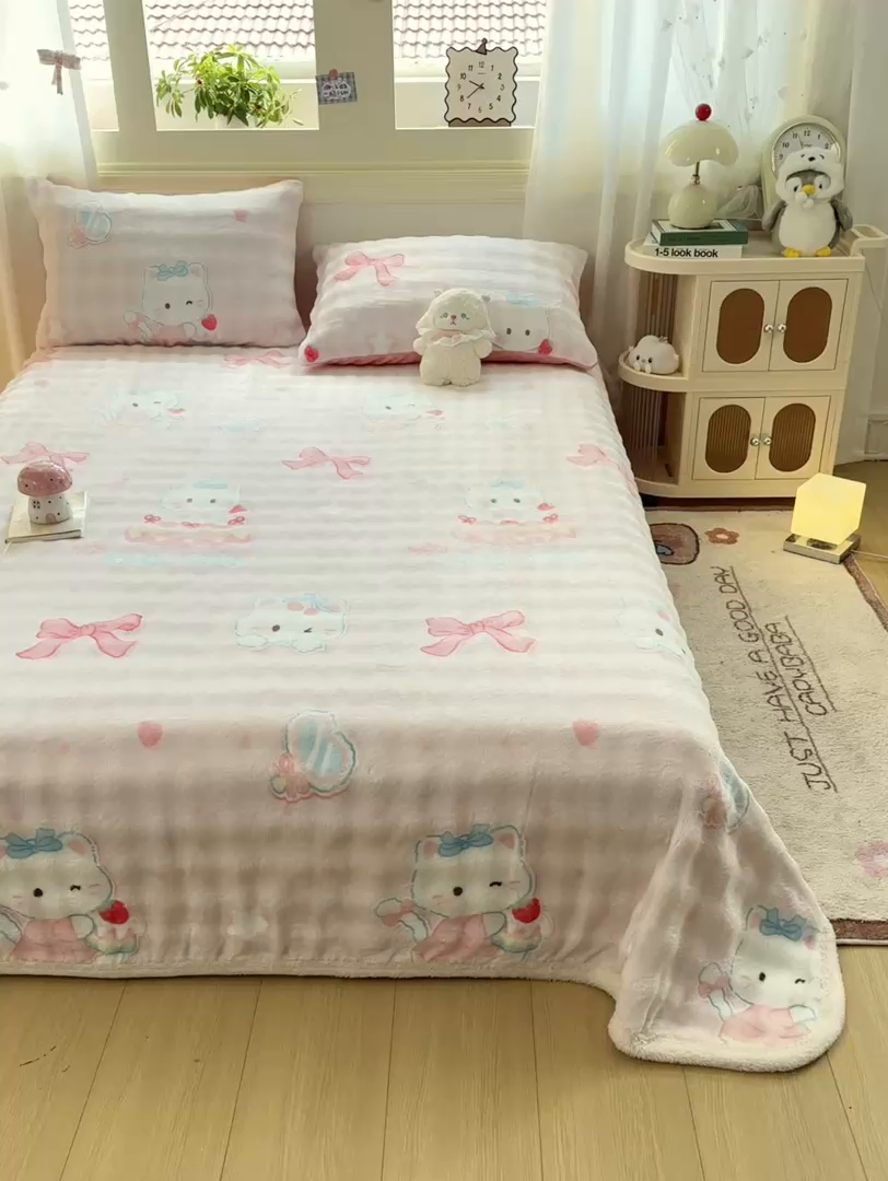 91家纺网 家纺一手货源 找家纺 品乐家纺 2025新款秋冬高克重牛奶绒保暖床单单品床单单件床单 KT猫