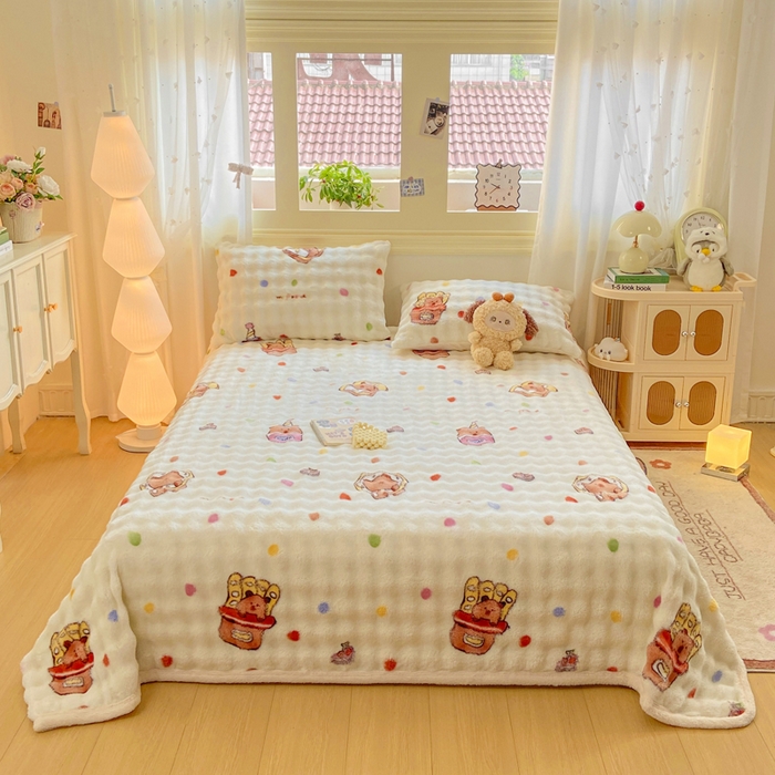 91家纺网 家纺一手货源 找家纺 品乐家纺 2025新款秋冬高克重牛奶绒保暖床单单品床单单件床单 波点熊