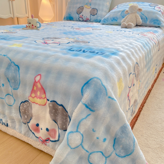 91家纺网 家纺一手货源 找家纺 品乐家纺 2025新款秋冬高克重牛奶绒保暖床单单品床单单件床单 蓝心萌宠