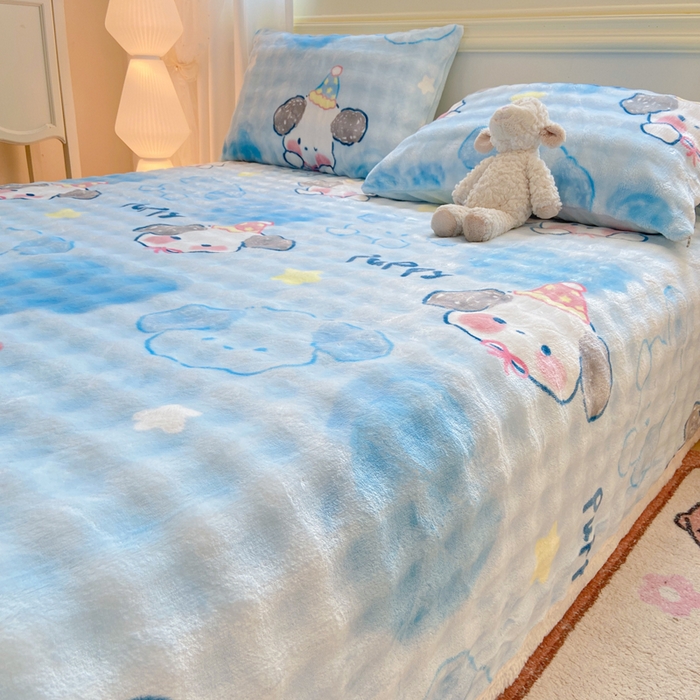 91家纺网 家纺一手货源 找家纺 品乐家纺 2025新款秋冬高克重牛奶绒保暖床单单品床单单件床单 蓝心萌宠