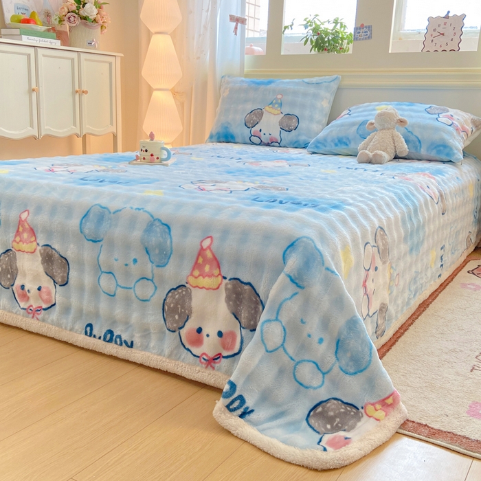 91家纺网 家纺一手货源 找家纺 品乐家纺 2025新款秋冬高克重牛奶绒保暖床单单品床单单件床单 蓝心萌宠