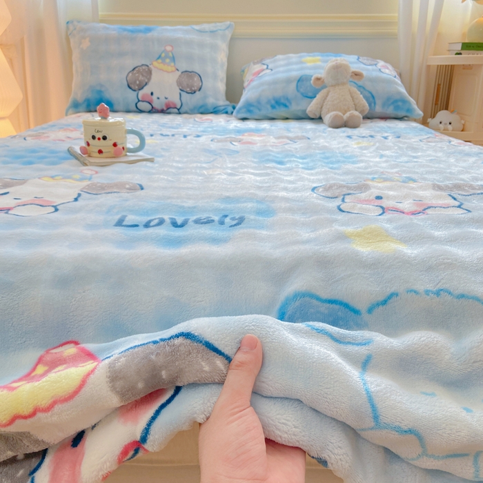 91家纺网 家纺一手货源 找家纺 品乐家纺 2025新款秋冬高克重牛奶绒保暖床单单品床单单件床单 蓝心萌宠