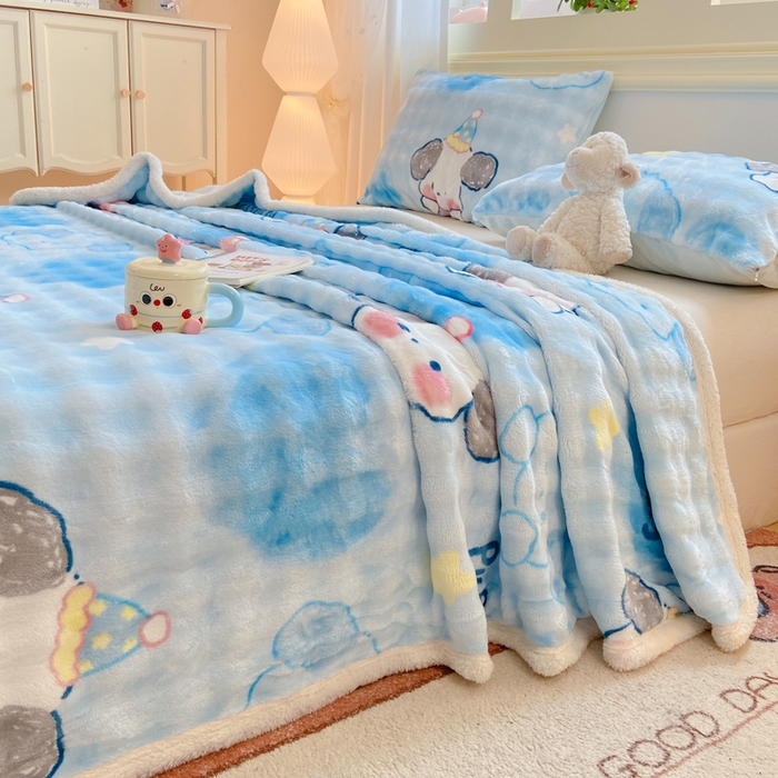 91家纺网 家纺一手货源 找家纺 品乐家纺 2025新款秋冬高克重牛奶绒保暖床单单品床单单件床单 蓝心萌宠