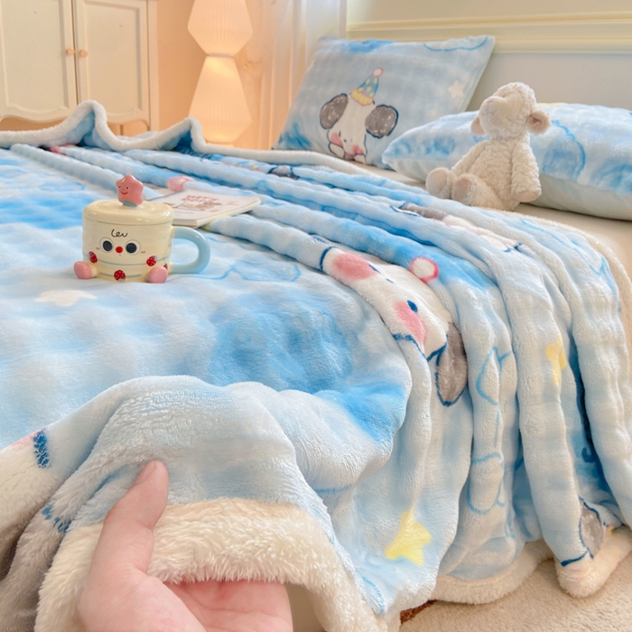 91家纺网 家纺一手货源 找家纺 品乐家纺 2025新款秋冬高克重牛奶绒保暖床单单品床单单件床单 蓝心萌宠