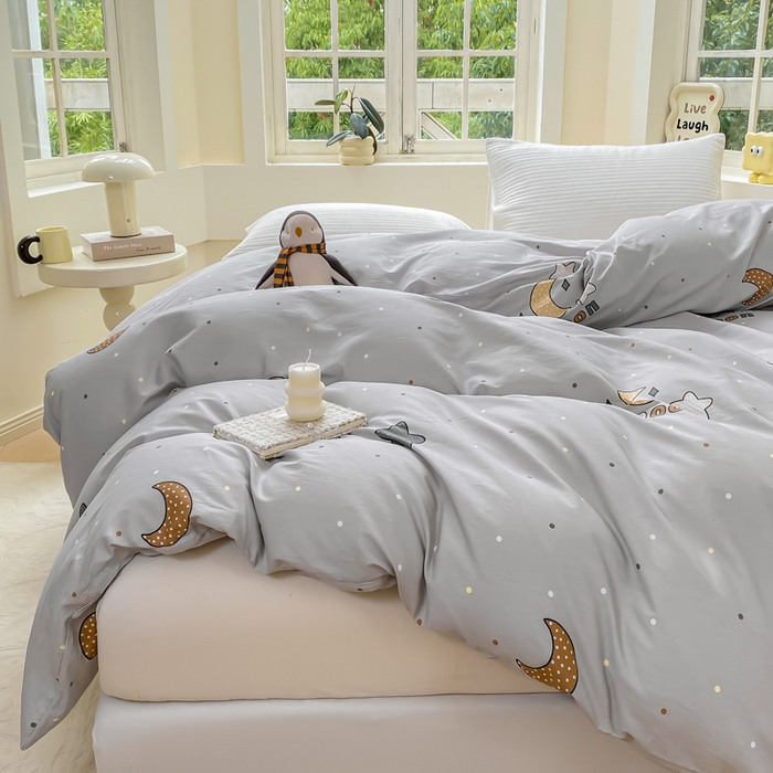 91家纺网 家纺一手货源 找家纺 麋兔 2025新款全棉纯棉ins印花单品被套 被套单件 月之心-灰